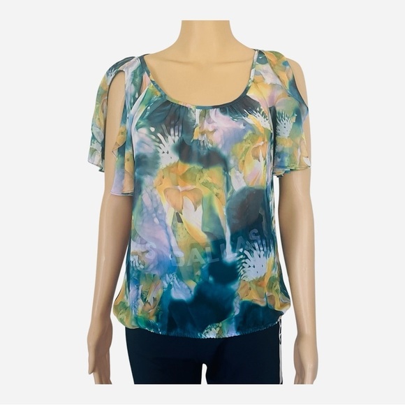 ANA anew approach abstract multicolor blouse top flared sleeves cold shoulder PM - Picture 1 of 12